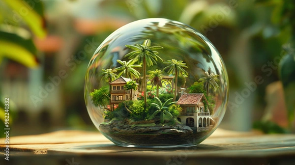 Fototapeta A miniature model of an island village inside the glass ball, with houses and palm trees. 