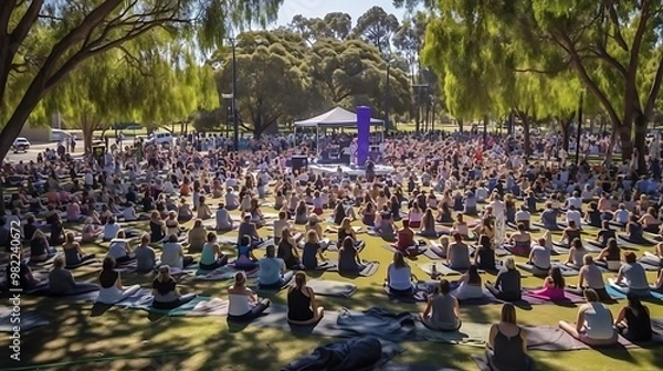 Fototapeta A large group participating in an outdoor yoga session in a park setting.