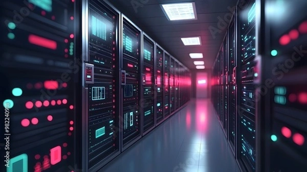 Fototapeta Server Room Corridor, Data Center, Network Technology