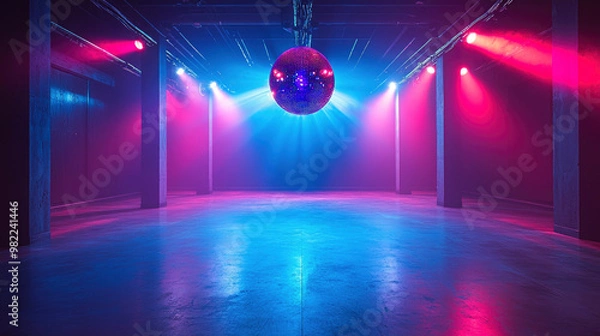Obraz A captivating dance floor featuring a sparkling mirror ball and vibrant neon lights, creating an energetic ambiance perfect for nightlife and dance events.