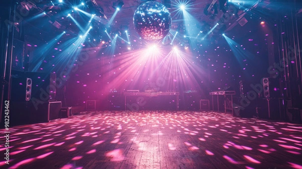Obraz A vibrant night club scene featuring a spacious dance floor illuminated by colorful spotlights and a dazzling mirror ball, perfect for an unforgettable party.