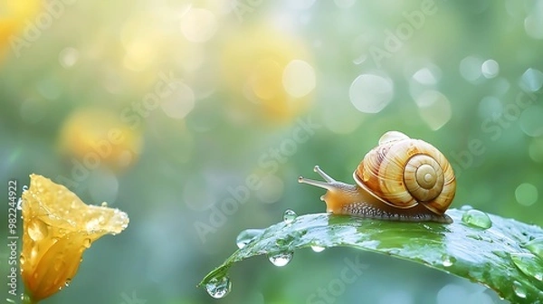 Obraz A snail rests on a dewy leaf, surrounded by soft yellow flowers and a blurred, vibrant green background, creating a serene, natural scene.