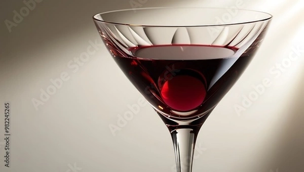 Fototapeta Imagine a close-up of a delicate, slender crystal glass, elegantly curved and precision-cut, filled to the brim with a rich, deep red wine that seems to glow with an inner intensity