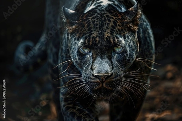Fototapeta Front view of Panther on dark background. Predator series. digital art