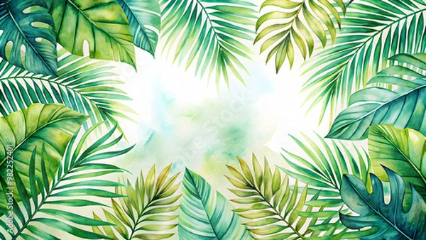 Fototapeta Watercolor background of tropical palm leaves, watercolor,background, tropical, palm leaves, exotic, tropical, botanical