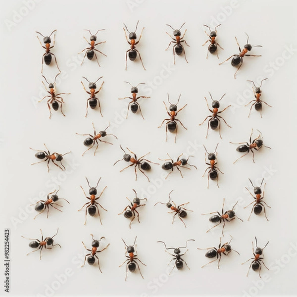 Fototapeta multiple ants on white background, top view