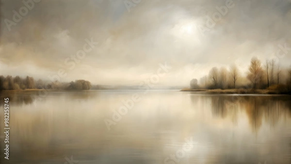 Fototapeta Abstract painting of a lake in neutral tones of beige and grey, with a blurry and soft appearance , art, abstract, painting, lake