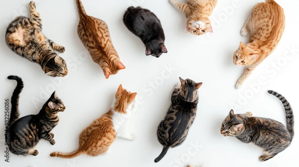 Fototapeta multiple cats on white background, top view