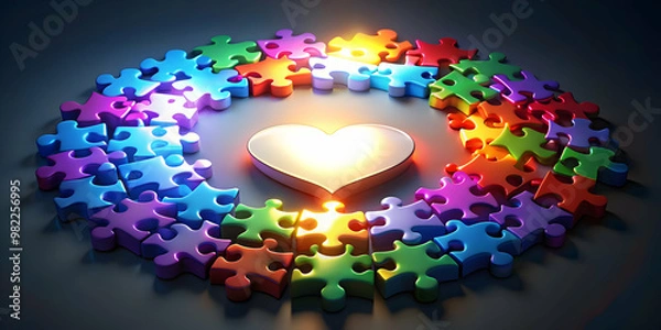 Fototapeta Colorful puzzle pieces in circular pattern with glowing heart symbolizing unity and love, unity, love, puzzle pieces