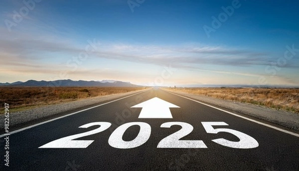 Fototapeta Road to 2025 with an empty road with written 2025 and arrow pointing towards the horizon to represent the future and positivity and success of the new