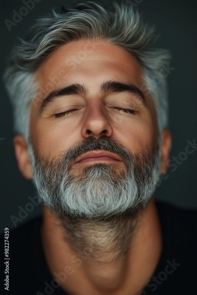 Fototapeta A contemplative man with gray hair and beard relaxes with his eyes closed against a dark background in an intimate setting