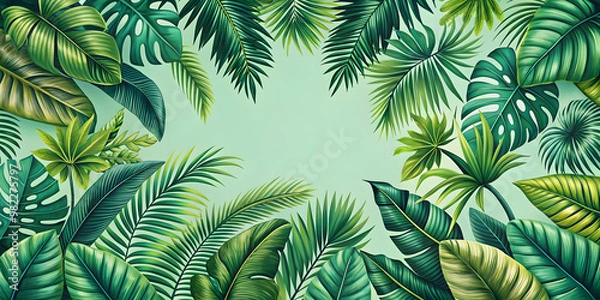 Fototapeta Seamless pattern with various tropical leaves , nature, foliage, tropical, botanical, greenery, jungle, plant