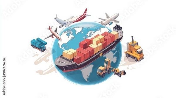 Fototapeta Cartoon ships, planes, and trucks moving goods around a globe, representing international logistics.