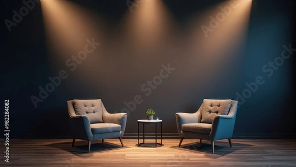 Fototapeta Realistic studio setup with two modern armchairs and professional studio lights, arranged for a podcast interview in a dimly lit room with a dark background