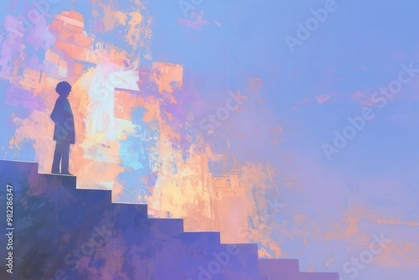 Fototapeta A silhouette of a person standing on colorful stairs, with a dreamy sky in the background, symbolizing growth and aspiration.