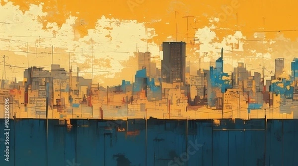 Fototapeta Vibrant city skyline at sunset, featuring bold colors and abstract shapes that evoke modern urban life and creativity.