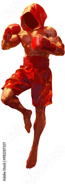 Fototapeta Dynamic fighter in red boxing gear showcases strength and agility in a powerful pose, perfect for sports and fitness themes.
