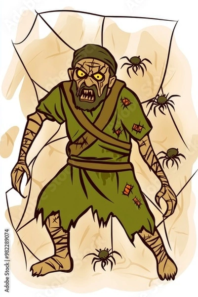 Fototapeta Man with Spider Web and Spiders Cartoon Illustration