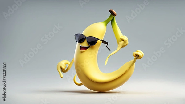 Fototapeta A cheerful and playful banana character wearing sunglasses, holding a smaller banana in one hand, radiating fun energy. Perfect for quirky food-related designs or fun children's projects.