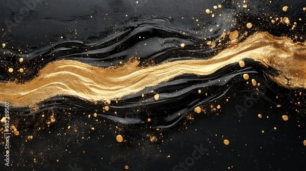 Fototapeta Abstract Black and Gold Swirling Liquid with Scattered Metallic Dots