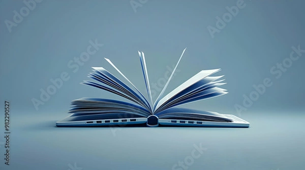 Fototapeta A 3D Render of an Open Book with Pages Flipping Upward Against a Light Blue Background, Representing Knowledge, Education, and Exploration