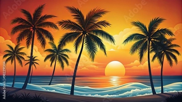 Fototapeta Winding palm fronds sway against a vibrant orange horizon as the sun dips into the ocean, waves gently
