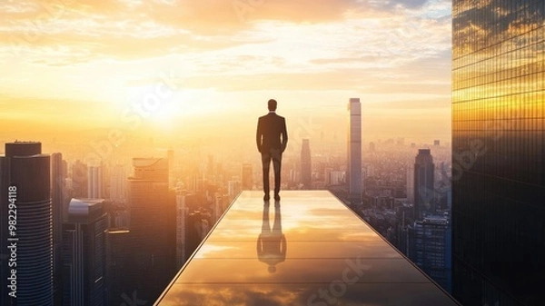 Obraz Professional man standing on skyscraper rooftop at sunrise, overlooking cityscape
