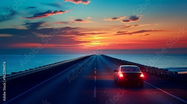 Fototapeta A lone car driving on a seaside highway at sunrise, the road stretching into the horizon with morning light reflecting off the hood. The car's silhouette is sharp against the vibrant sky, emphasizing 