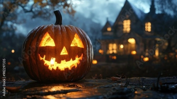 Fototapeta Halloween pumpkin with candlelight in front of a haunted house background,