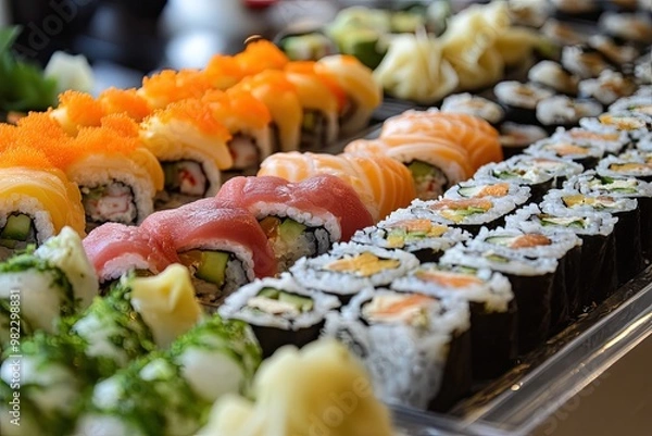 Obraz A vibrant assortment of sushi rolls elegantly arranged, showcasing various fresh ingredients and colors for a delightful culinary experience.