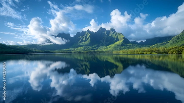 Fototapeta Reflection of mountain range in calm lake surrounded by lush vegetation. Tranquil landscape with clouds and blue sky. Nature magazines and environmental campaigns