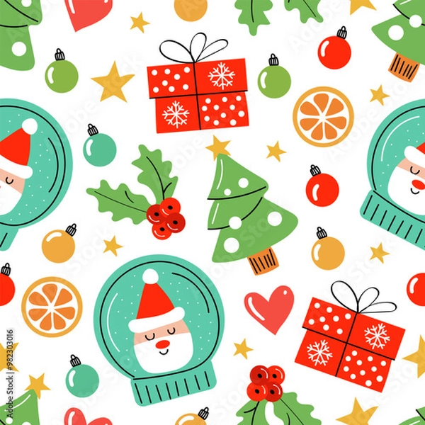 Fototapeta Seamless pattern with Christmas elements: Santa Claus in snow globe, Christmas trees, gift boxes, holly leaves with red berries, stars, Christmas tree balls, citrus slices. Vector illustration.