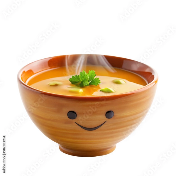 Fototapeta Smiling Soup Bowl with Steam and Garnish Isolated on White Background, soup , food , bowl , steam