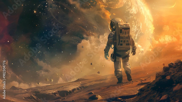 Fototapeta An astronaut in a spacesuit on the surface of an uncharted planet. AI Generated