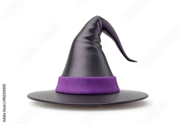Fototapeta 3D rendering of a simple cartoon witch hat with a purple band, isolated on a white background