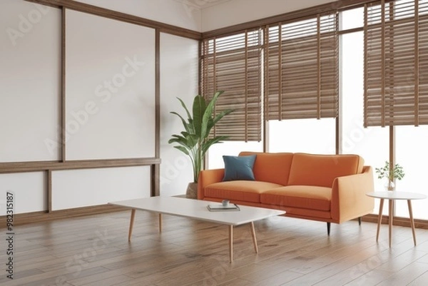 Fototapeta Japandi, minimalist interior design of modern living room. with orange sofa and blue pillow against mock up empty wall with copy space.