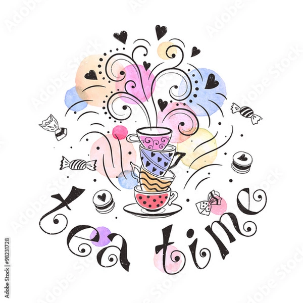 Fototapeta Tea time poster concept. Tea party card design. Hand drawn doodle illustration with teapots, cups and sweets.