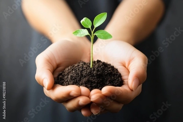 Fototapeta Hands holding a small plant sprouting from the soil symbolizing new beginnings and growth