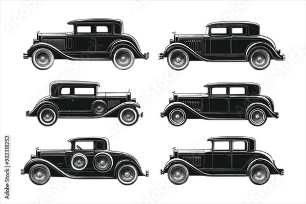Fototapeta Several vintage cars are shown in a row in front of a city generative ai