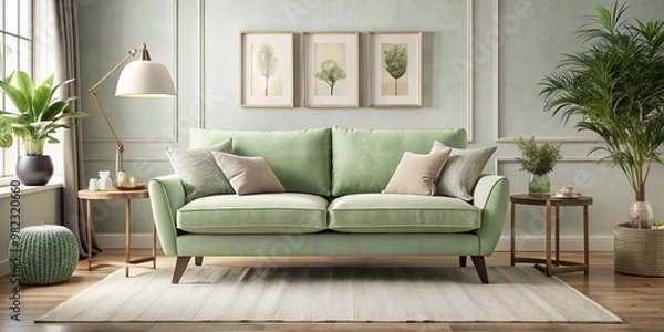 Fototapeta Softly lit candles and plush throw blankets adorn the comfortable and stylish light green sofa, bringing warmth and