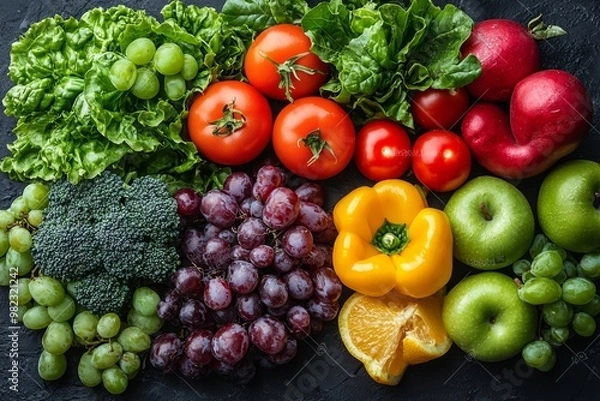 Fototapeta Colorful assortment of fresh fruits and vegetables, highlighting their natural beauty and nutritional value. 