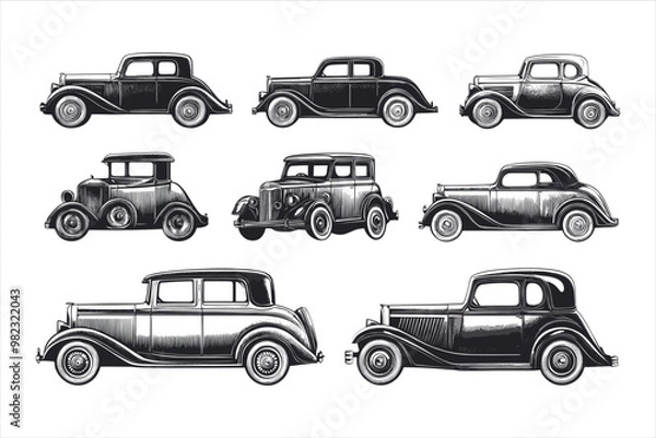 Fototapeta Several vintage cars are shown in a row in front of a city generative ai