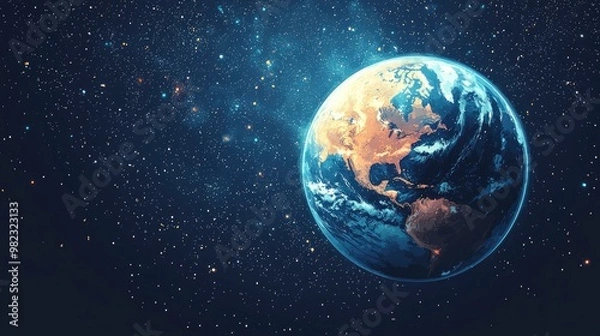 Fototapeta A stunning view of Earth from space, showcasing the continents and cloud formations against a backdrop of stars at night. with copy space.