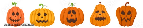 Fototapeta Spooky Halloween pumpkins with happy faces expressions. Vector illustration of cartoon characters. Hand drawn colorful autumn pumpkins isolated on white background.