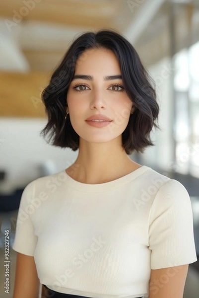 Obraz professional woman with short, wavy dark hair, wearing a sleek cream-colored fitted top tucked into a black leather skirt, set against modern open office background