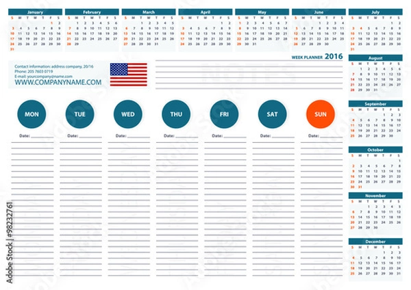 Fototapeta 2016 USA Week Planner Calendar Vector Design Template 2