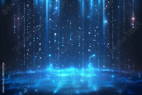 Obraz A digital landscape featuring glowing blue particles and lines, creating an ethereal, futuristic atmosphere reminiscent of a sci-fi environment.