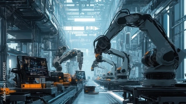 Fototapeta A futuristic factory facility with robotic arms and automated conveyor belts assembling electronic products.