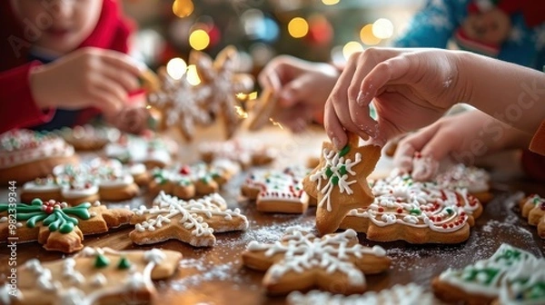 Fototapeta Children decorating festive gingerbread cookies with icing and sprinkles, capturing the joy of holiday baking traditions.