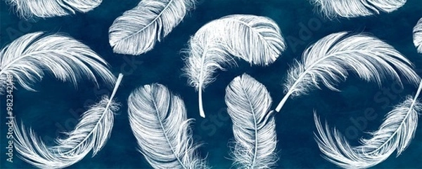 Obraz Feathers. Beautiful vintage feathers. Wallpaper for the bedroom. Watercolour feathers. Light airy pattern. Bird feather.